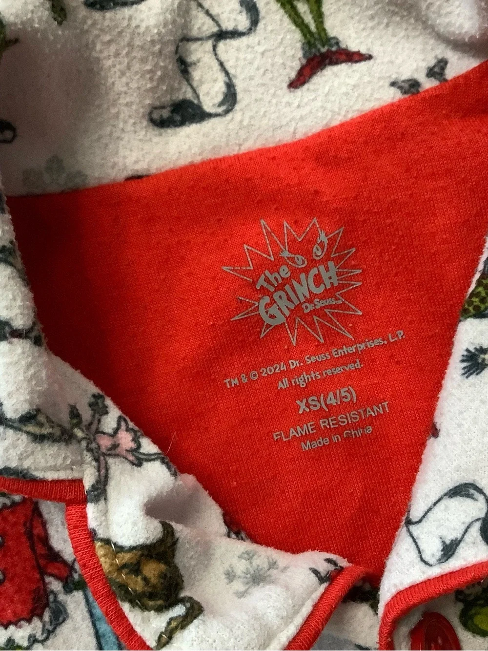 Kids Grinch White Holiday Character Print Pajama Set with Red Trim